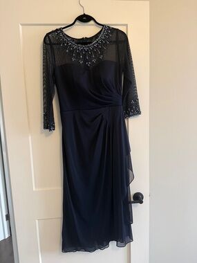 Alex Evenings Navy Beaded Mesh Midi Dress with Sheer Sleeves
